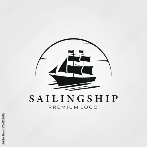 sailing ship silhouette logo vintage vector illustration template icon, elegant marine boat sign or symbol for business