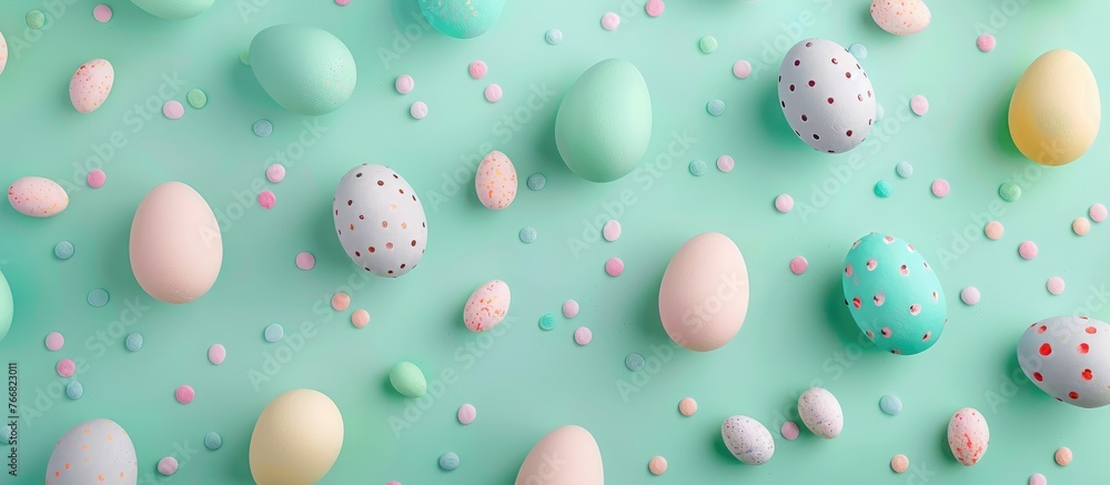 Easter eggs in pastel colors on a mint background Easter eggs in pastel colors on a mint background