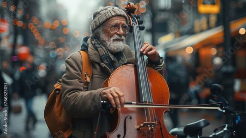Beggarly old men play musical instruments on the street to earn money for food. 
