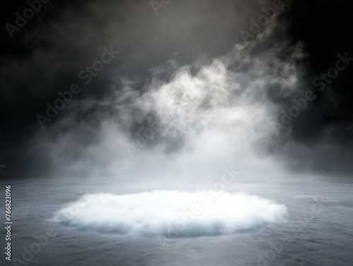 A conceptual scene of swirling smoke above a smooth surface under a dramatic dark sky.