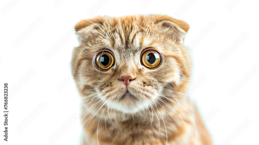 Fototapeta premium surprised cat scottish straight closeup portrait isolated on white background fluffy adorable domestic animal photography