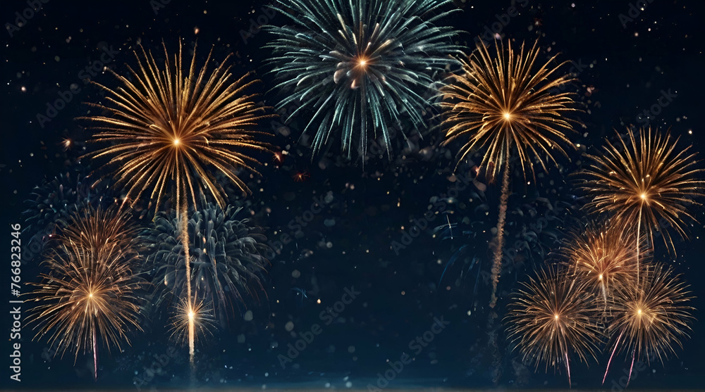 HAPPY NEW YEAR - Firework New Year's Eve Party festival celebration holiday background banner greeting card - Closeup of colorful fireworks pyrotechnics in the. generative.ai