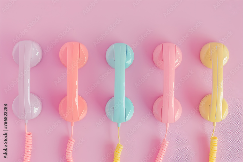 a row of colorful phone handsets on a pastel pink a row of colorful phone handsets on a pastel pink