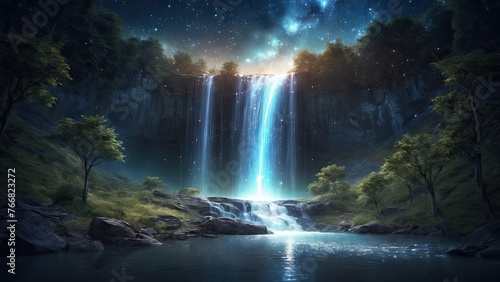 Waterfall with starlight galaxy, ethereal glow, night sky, celestial beauty.