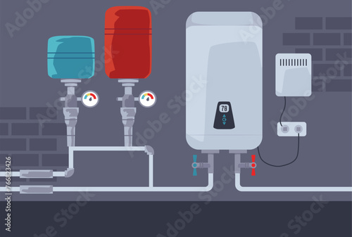 Heating system with white boiler, pump, expansion tank pipes vector illustration, house electric warming aqua equipment