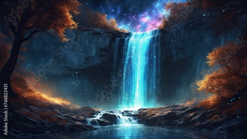 Waterfall with starlight galaxy, ethereal glow, night sky, celestial beauty.