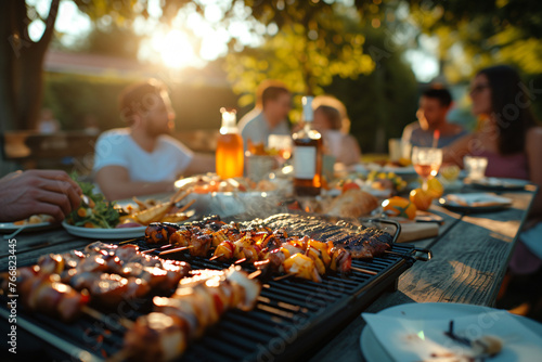 Group of friends having party outdoors. Focus on barbecue grill with food ai generated art.  © Tsanko