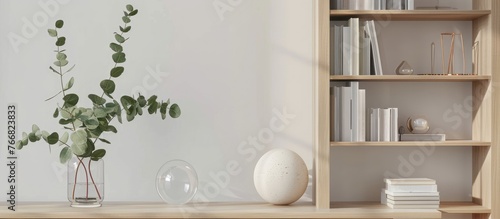 Living room interior featuring a contemporary design wooden bookcase, a eucalyptus leaf in a vase, books, decorations, a glass ball, and empty space on a white wall. Template included.