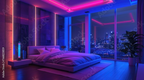 Modern bedroom with neon lights and a cityscape view at dusk.