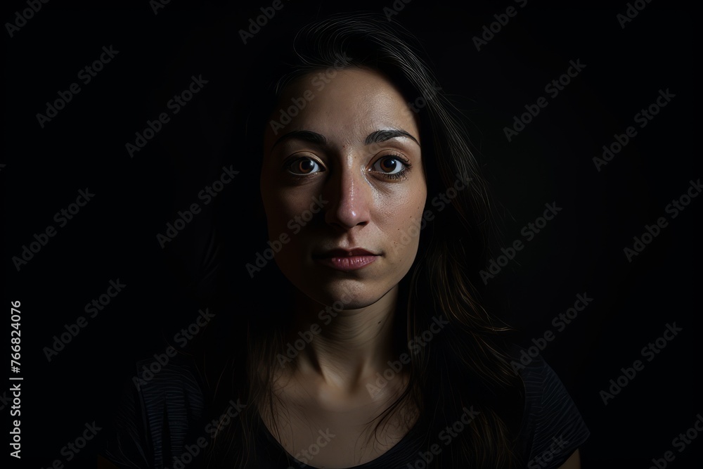 Portrait of a sad young woman looking at the camera on a dark background Portrait of a sad young woman looking at the camera on a dark background