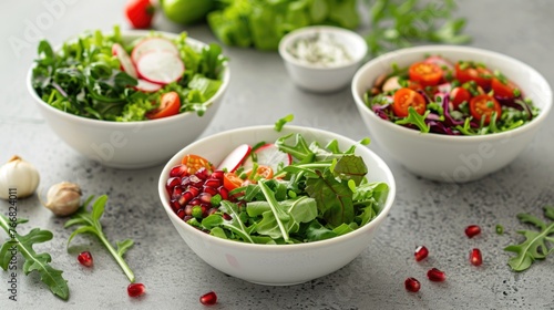 Bowls of fresh mixed salad with a variety of greens and vegetables.