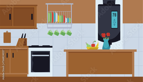 Gas boiler, electronic water heater on the wall in kitchen, vector house electric heating cold aqua equipment black tank