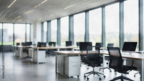 Modern office to present, Utilize a modern office space for presentations, featuring looping effects, text overlays, windows, tables, chairs, and natural light in 4k video.
