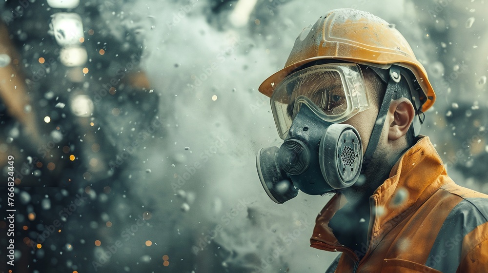 construction worker surrounded by floating particles of glass wool dust wearing a high-grade mask for safety and protection construction worker surrounded by floating particles of glass wool dust wearing a high-grade mask for safety and protection