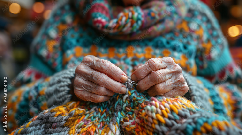 An elderly old lady knits things to sell. An elderly old lady knits things to sell.