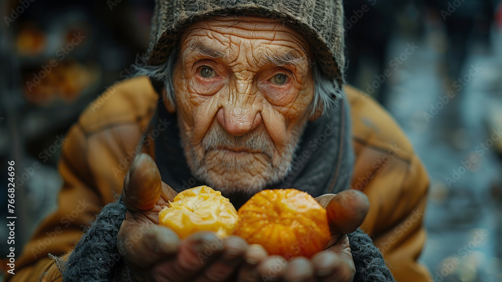Homeless seniors asking for food and money. - obrazy, fototapety, plakaty 