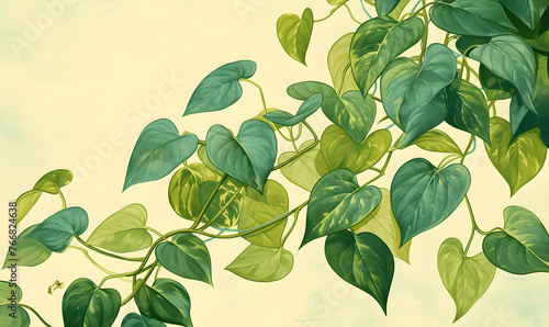 golden pothos plant vine with personality caricature, vintage art poster, Generative AI