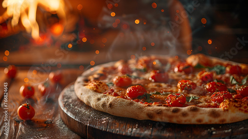 Italian pizza is cooked in a wood Swirling tomato red sauce on pizza dough. Authentic Neapolitan Pizza cooked in a wood fire oven. Generative Ai