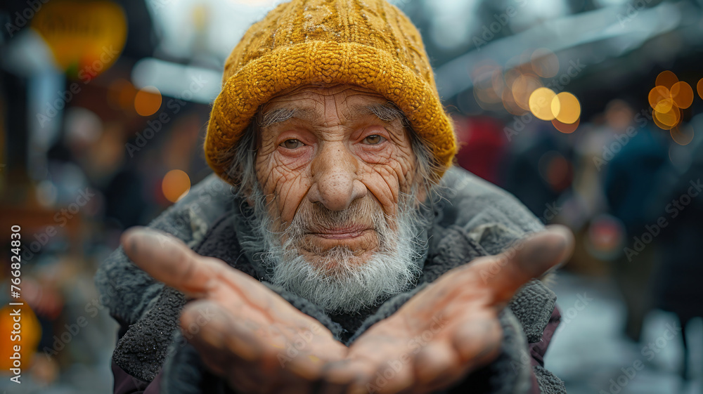 Homeless seniors asking for food and money. - obrazy, fototapety, plakaty 