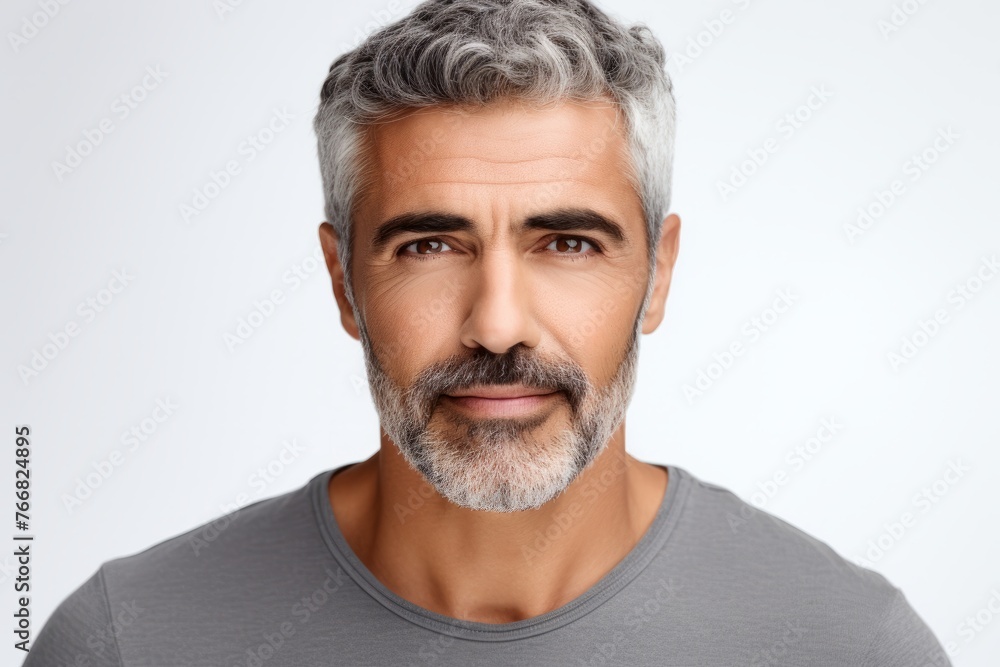 Portrait of handsome mature man with grey hair and beard looking at camera Portrait of handsome mature man with grey hair and beard looking at camera