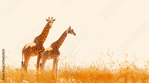 Pair of giraffes standing in the savannah A pair of giraffes crouch and stand sad in the shade of trees during a drought in the African savannah. Family of giraffes  Generative Ai