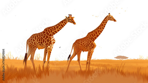 Pair of giraffes standing in the savannah A pair of giraffes crouch and stand sad in the shade of trees during a drought in the African savannah. Family of giraffes  Generative Ai