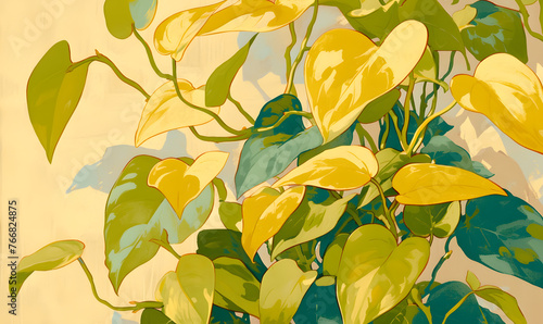 golden pothos plant vine with personality caricature  vintage art poster  Generative AI