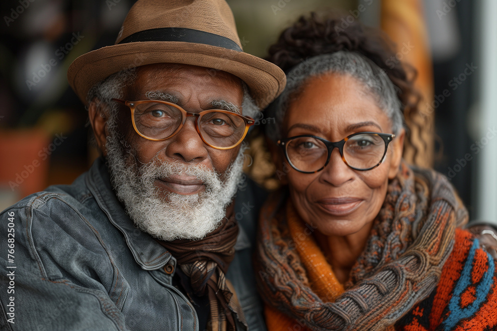 A man and a woman, senior couple, are standing together posing for a picture A man and a woman, senior couple, are standing together posing for a picture