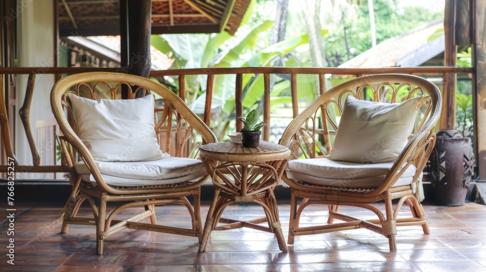 Rattan patio furniture set with cushions on a tropical porch.