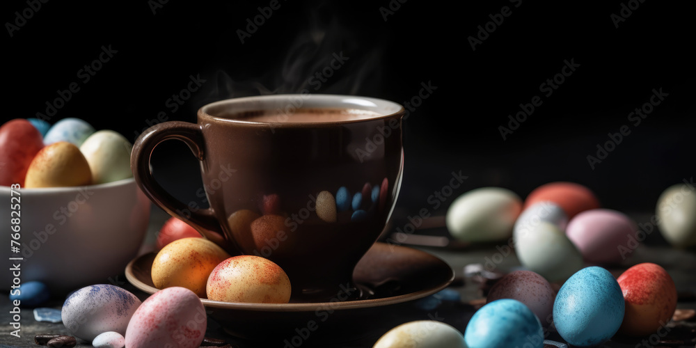 Easter coffee. Cup of Coffee with Candy and Chocolates in the form of small Easter eggs Easter coffee. Cup of Coffee with Candy and Chocolates in the form of small Easter eggs