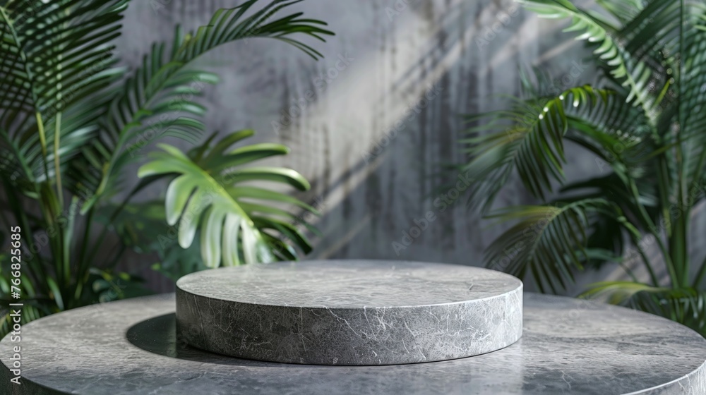 advertising podium stand with round gray stone and tropical leaves background for beauty product advertising podium stand with round gray stone and tropical leaves background for beauty product