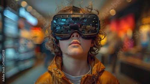 Child wearing virtual reality headset with reflective screen in outdoor setting