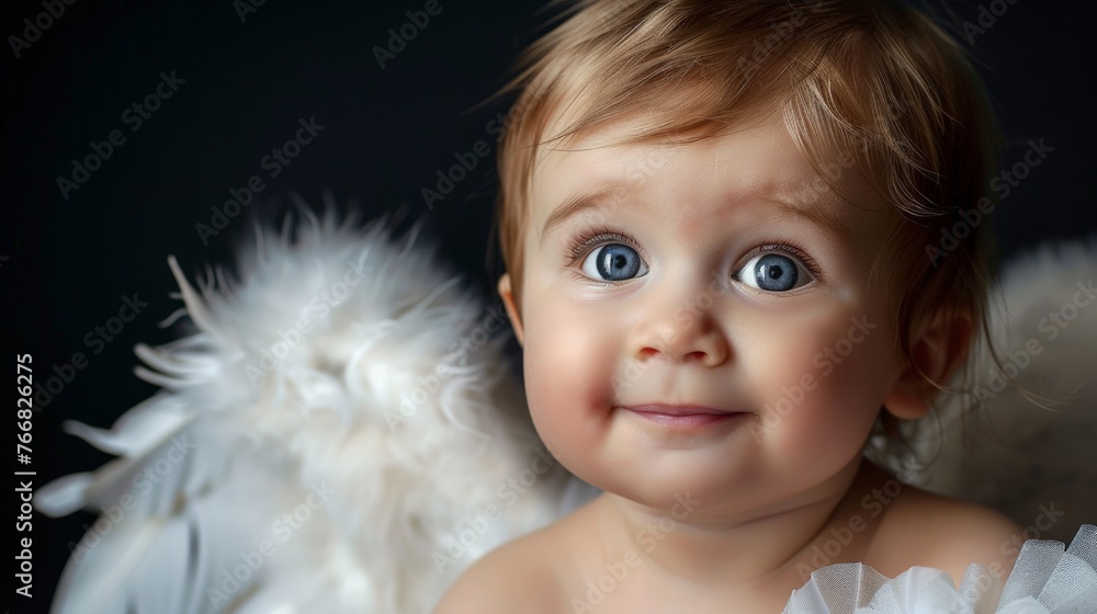 portrait of a cute toddler with blue eyes and white angel wings on black studio background portrait of a cute toddler with blue eyes and white angel wings on black studio background