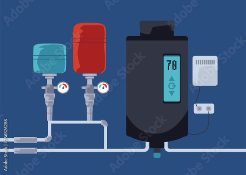 Heating system with black boiler, pump, expansion tank and pipes vector illustration, house electric heating aqua equipment