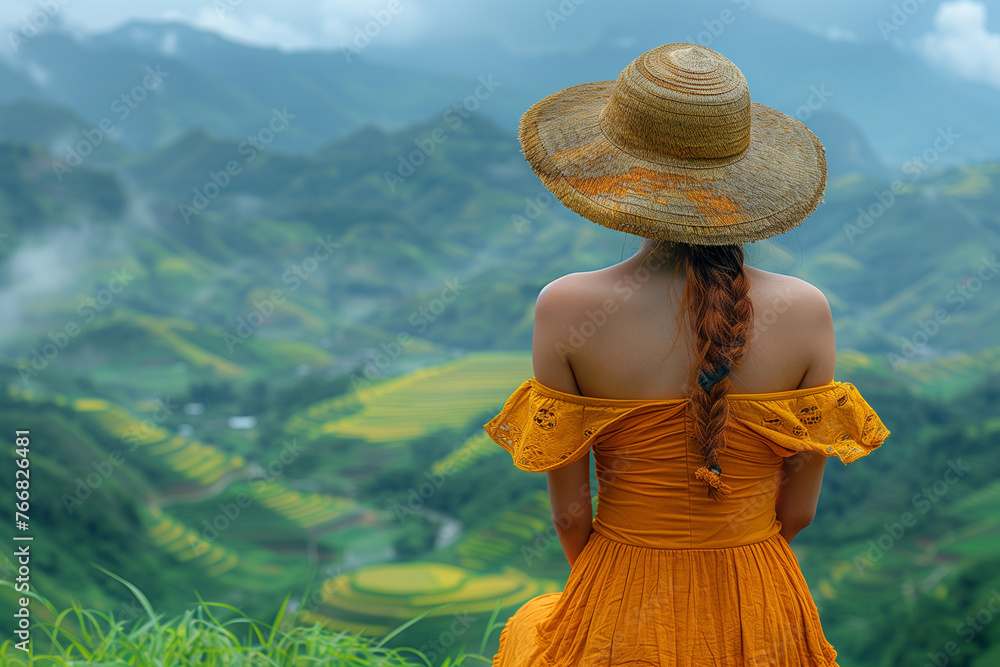 A woman gazes at verdant rice fields from a high vantage point wallpaper copy space
