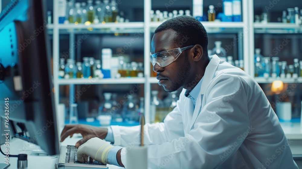 scientist in laboratory using computer for data analysis and research on pharmaceutical developments scientist in laboratory using computer for data analysis and research on pharmaceutical developments