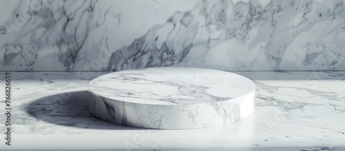 Product stand made of white marble, with a marbled floor background, perfect for showcasing your packaging or mockup design.
