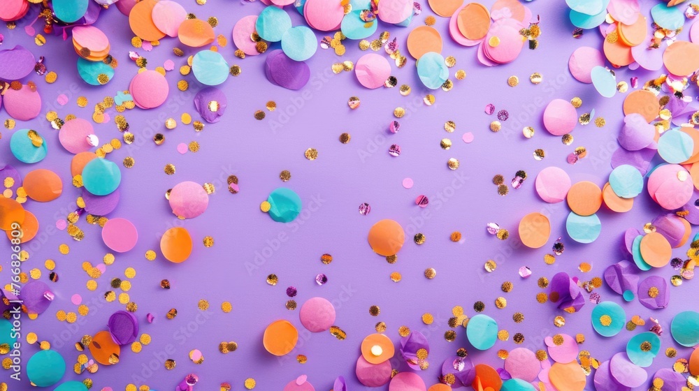 Colorful confetti on purple background.