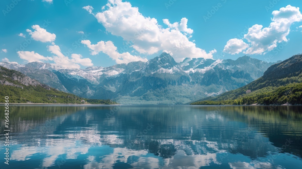 Majestic mountain landscape with crystal clear lake reflections.