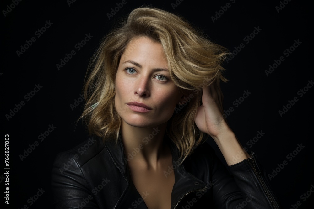 Portrait of a beautiful blonde woman in a leather jacket on a black background Portrait of a beautiful blonde woman in a leather jacket on a black background