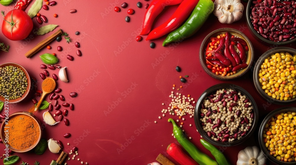 Assorted legumes and vegetables on red background.