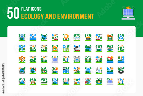 Set of 50 Ecology And Environment icons related to Water drop, Lightbulb, Earth globe, Compost Flat Icon collection