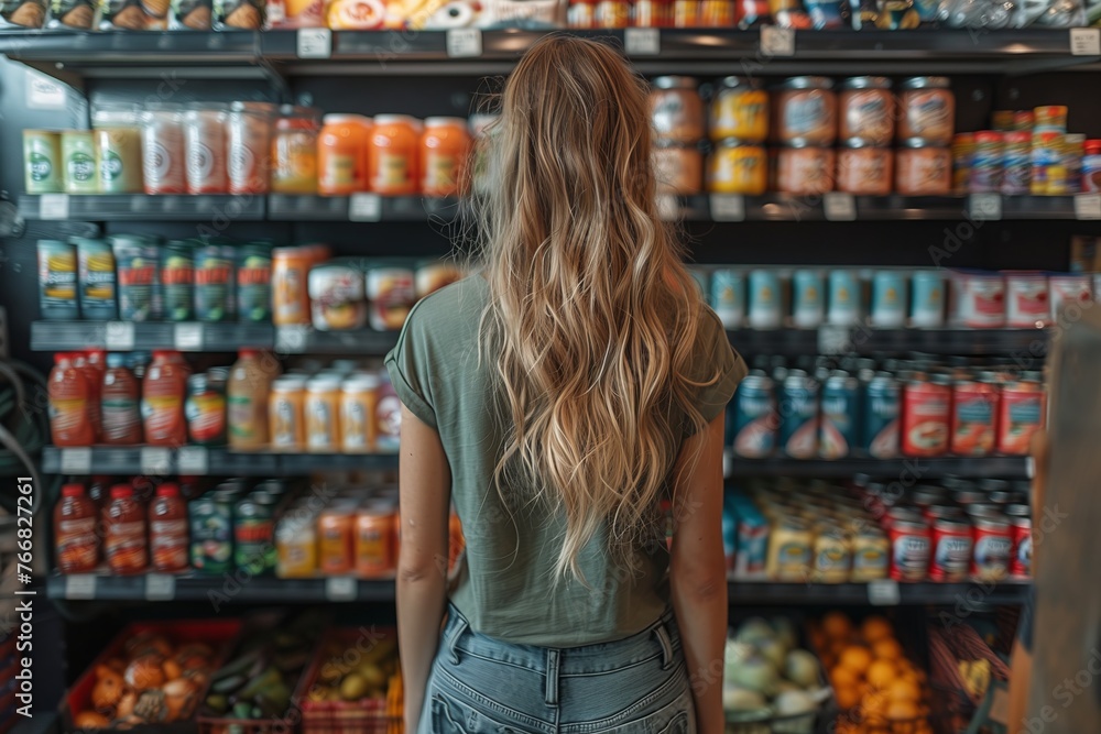 A customer is browsing the shelves in a grocery store, looking for products. She is standing in front of the drink aisle, examining the various items on the shelf