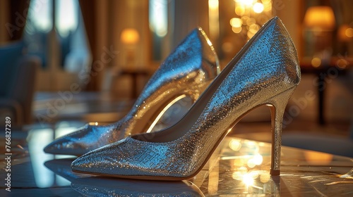 Silver high heels on polished wooden floor with Christmas tree in background.