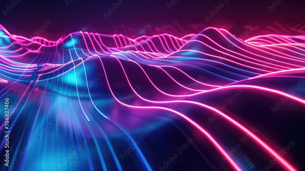 Abstract digital landscape with flowing neon lines and waves.