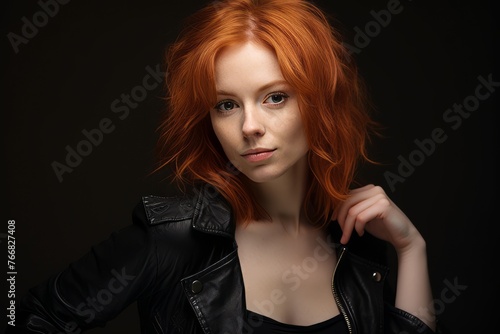 Portrait of a beautiful redhead girl in a black leather jacket.