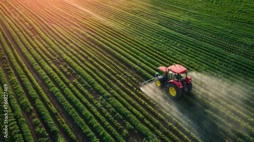 Aerial view of a tractor spraying crops in a farm field.