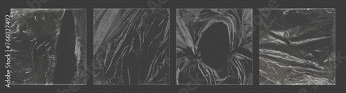 Realistic transparent stretch plastic wrap background or cellophane package mockup. Torn and warp polyethylene cover with grunge overlay texture. Plastic film or foil for social media template design.