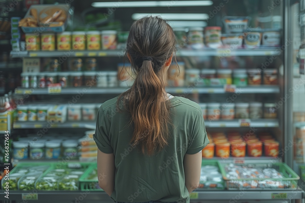 A customer is browsing food items on the shelf in front of a refrigerator at a grocery store, enjoying the convenience and fun of shopping at a retail building