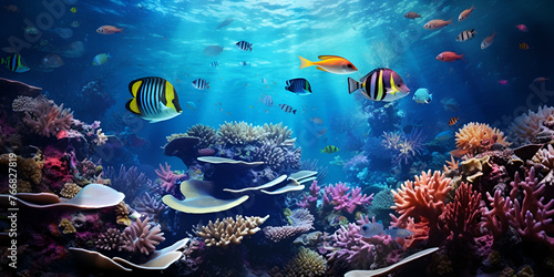 Coral reefs with lots of tropical fish the beautiful underwater sea life oceanography background  © muneeb